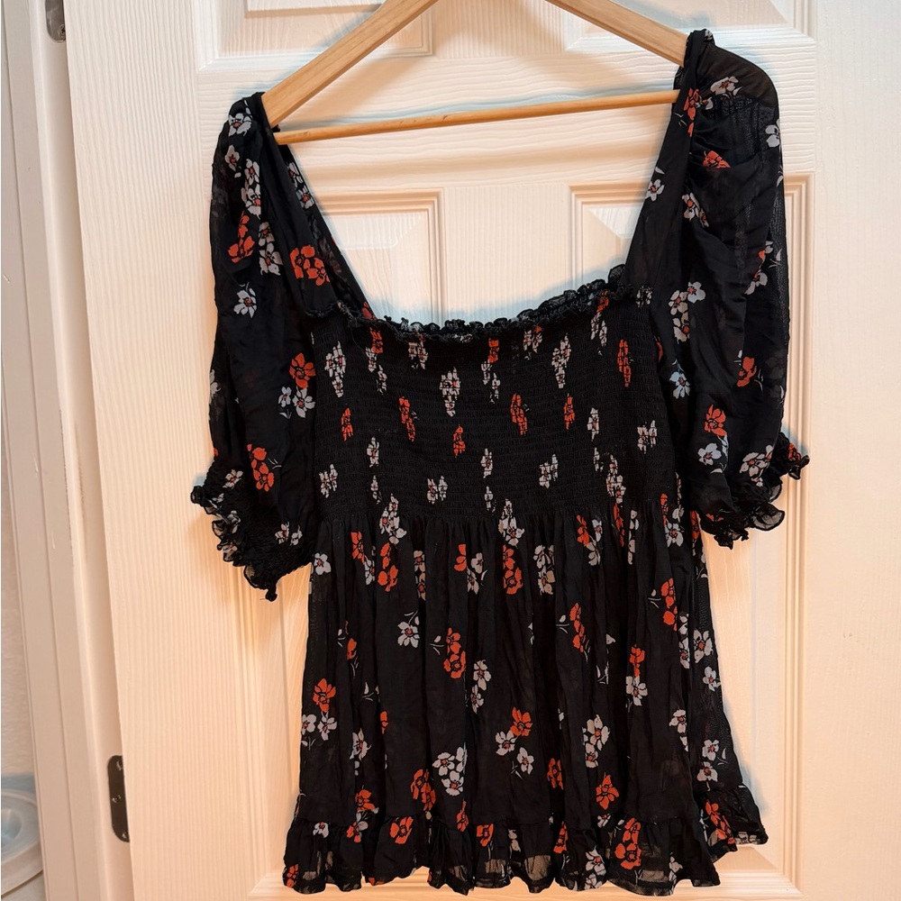 Free People Black Floral Smocked Square-Neck Top with Rust and White Accents